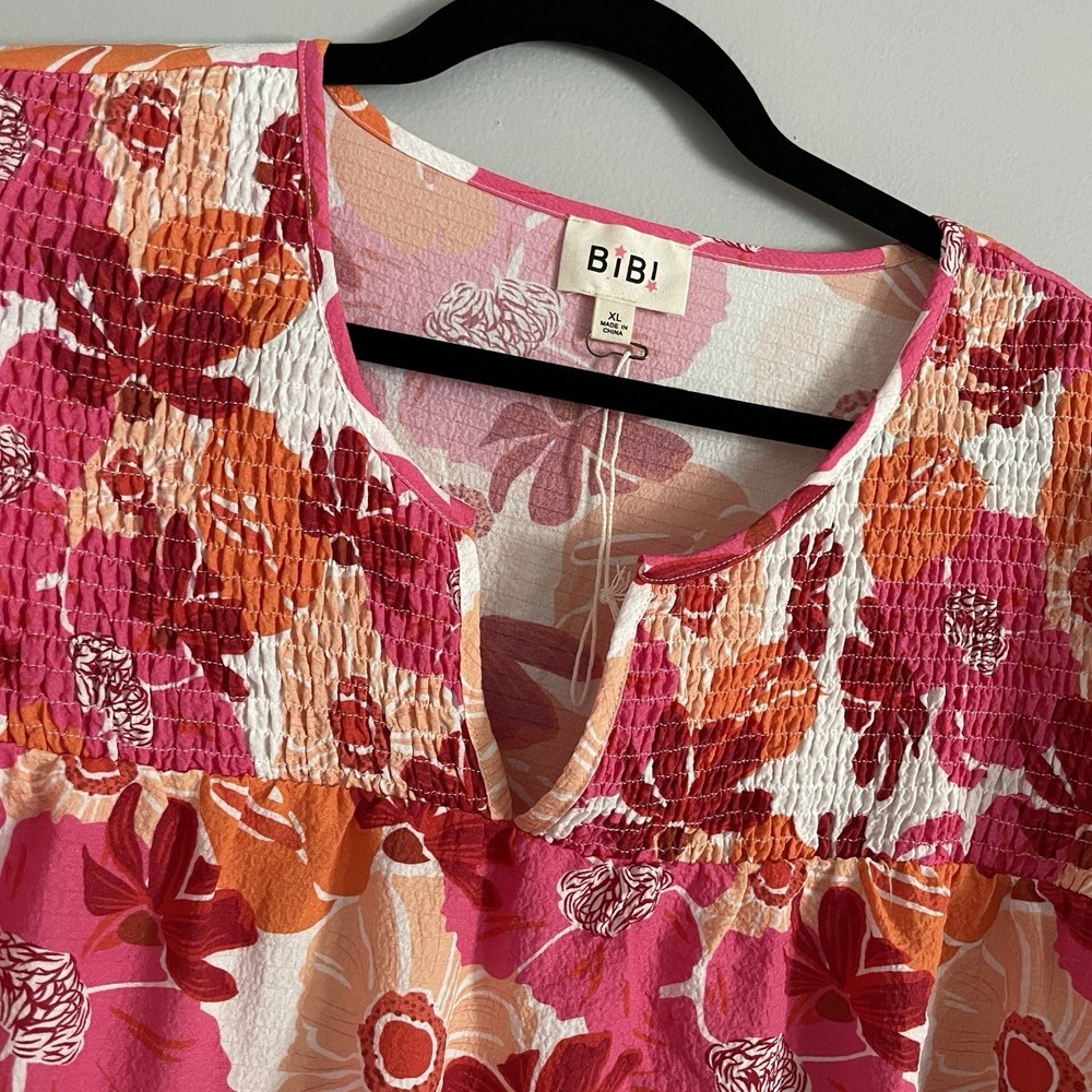 BiBi Pink Floral Blouse XL Smocked Ruffle Sleeve Pullover Artsy Boho‎ Summer